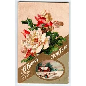 Vintage 1907-1915 Divided Back New Year Postcard with Roses & Snowy Cottage